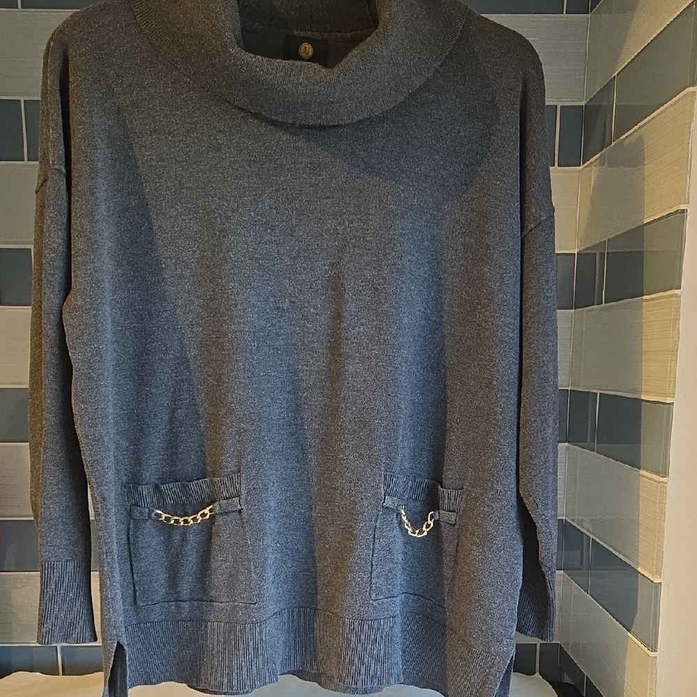 JM Collection Charcoal Cowl Neck Sweater with Chain Details